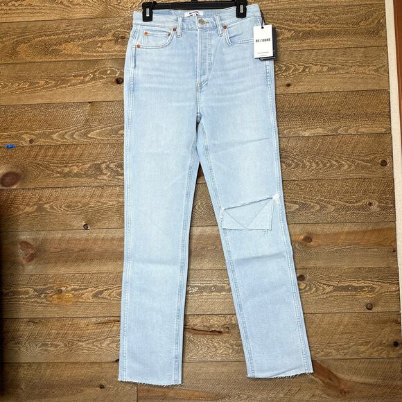 RE/DONE 80's Slim Straight Ripped Knee Jeans in Icy Blue Size 26 NWT - Picture 4 of 9